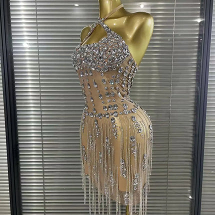 Luxury Crystals Diamonds Evening Party Dress Women Sexy Halter See Through Mesh Birthday Gowns Nightclub Singer Stage Wear