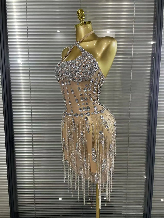 Luxus-Kristall-Diamant-Abendkleid für Damen, sexy Neckholder, durchsichtiges Mesh, Geburtstags-Gown, Nachtclub-Sänger-Bühnenkleidung