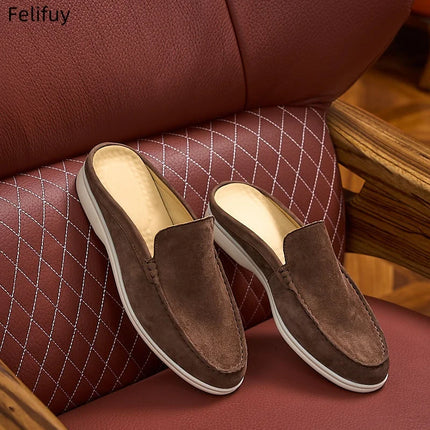 Apricot Men's Cow Suede Leather Slip-on Loafers British Style Flat Casual Dress Boat Shoes Lightweight Comfort Moccasins for Men