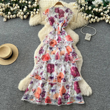 Long Dress Women Cake Dresses A Line Vestidos Y2k Streetwear Ruffles High Waist Elegant Splice Party Night Work Print Floral