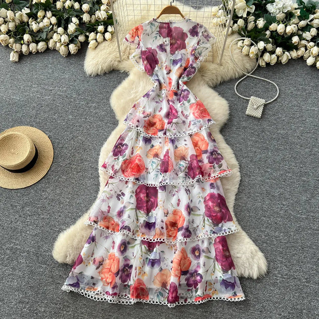 Langes Kleid Damen Kuchenkleider A-Linie Vestidos Y2k Streetwear Rüschen Hohe Taille Elegant Spleiß Party Nacht Arbeit Print Floral