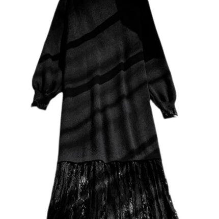 Oversize Black Lace Splicing Knitted Sweater Dress Women Autumn Winter French  Mid-length A-lin Dresses Loose Long Sleeve Dress