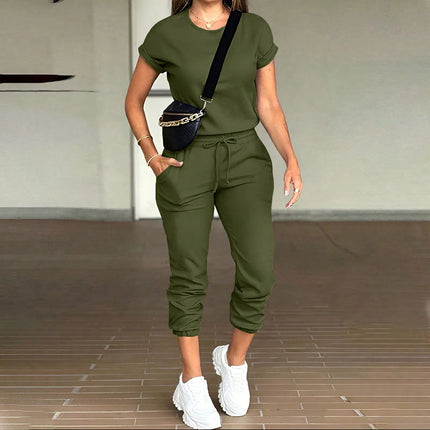 Pant Set Women Two Piece Sets Round Neck Short Sleeve Shirt Long Pants Lace Up Elastic Waist Y2k Streetwear Work Causal 2026
