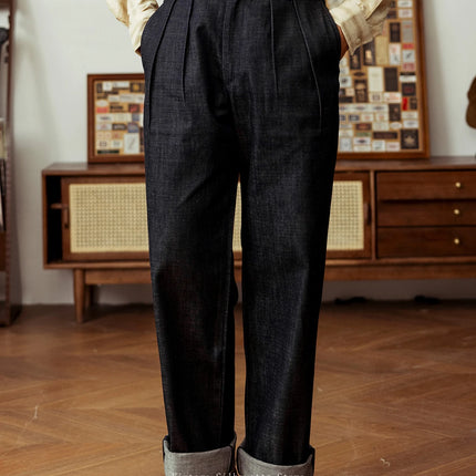 Red Tornado Pleated Denim Pants High Waist Loose Fit Vintage Style Men's Naples Trousers