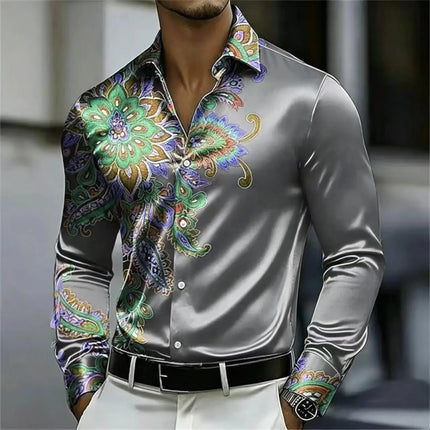 Men's Satin Paisley Printed Shirt Luxury Glossy Long Sleeve Casual Button Down Dress Shirts Nightclub Party Wear