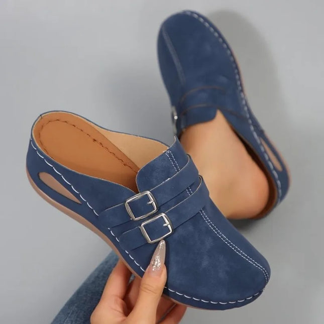 Womens Slip on Mules Clogs Closed Toe Slippers Double Buckle Strap Cutout Stitching Wedge Casual Comfort Nursing Work Footwear