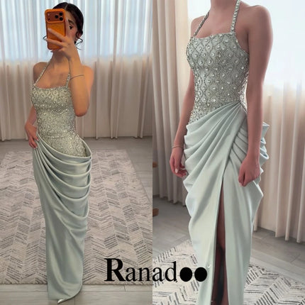 Ranadoo Luxury Halter Beaded Pleated Tiered with Slit Ruched Evening Dress Lace up Straight Vestidos De Gala 2026 Customized
