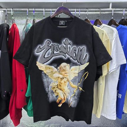 Fashion Brand Mixed Emotion Embroidery Rhinestone American Streetwear Angel Print Hot Diamond Top Tee Men Women Loose T shirts