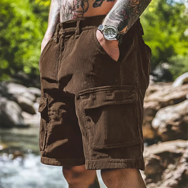 Pantalones cortos casuales de pana para hombre, de verano, color sólido, bolsillos múltiples, estilo safari, sueltos, a la moda, rectos, deportivos, hasta la rodilla.