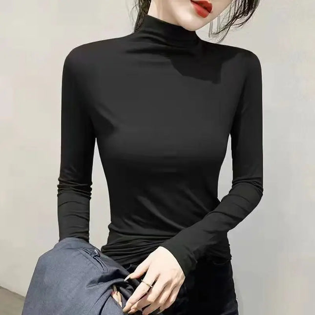 Black Turtleneck T-shirt Long Sleeve Tops Y2k Clothes Autumn Winter Korean Modal Elegant T-shirts for