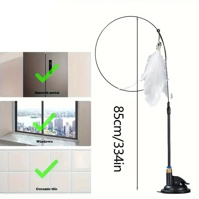 Cat Teaser Toy - Interactive Bell & Feather Wand - Long Suction Cup Pole for Exciting Playtime Adventures - product image fro