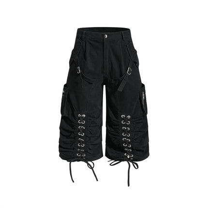Men's Punk Gothic Lace Up Cargo Shorts High Street Ruched Bermuda Short Pants Adjustable Straps Drawstring Hem