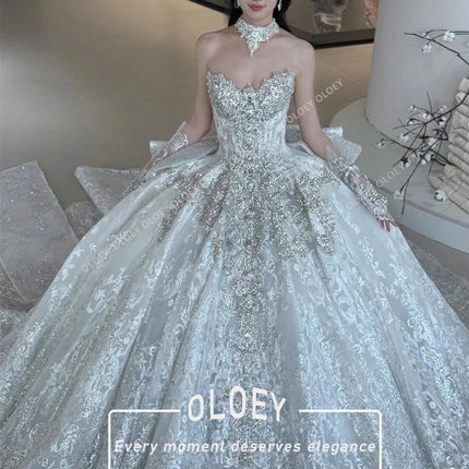 OLOEY Luxury Princess Wedding Dress Lace Crystals Sweetheart Neck Bridal Gown With Sleeves Women's Quinceanera Dress Customized
