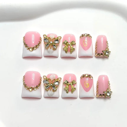New High-end Luxury-sleek Style Design, Hand-painted Three-dimensional Butterfly, Bow, Shiny Point Diamonds Handmade Fake Nail