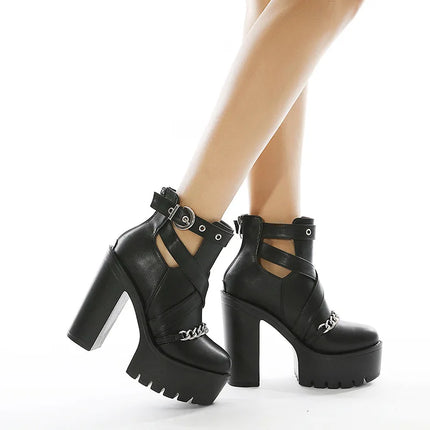 New sexy High heels Fashion Ankle Boots For Women High Heels Casual Cut-outs Buckle Round Toe Chain Thick Heels Platform Shoes
