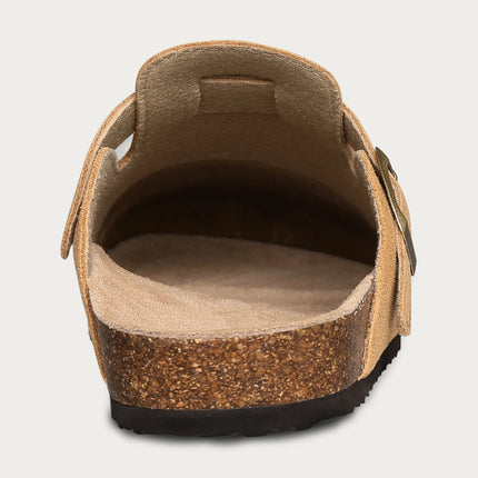 Back view of a tan clog showing the heel cup and cork-look midsole