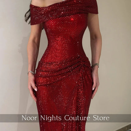 Glitter Burgundy Off Shoulder Crystal Prom Dresses Mermaid with Draped Sleeveless Evening Dress Customized فساتين سهرة