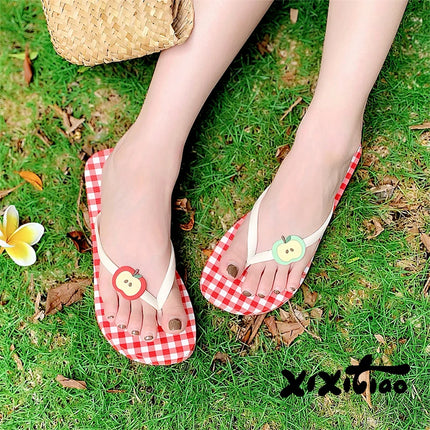 XIXITIAO Cute Flat Flip-Flops For Summer Beach Vacations Women's Color-Blocked Plaid Red Apple Flip-Flops Home Bathroom Slippers