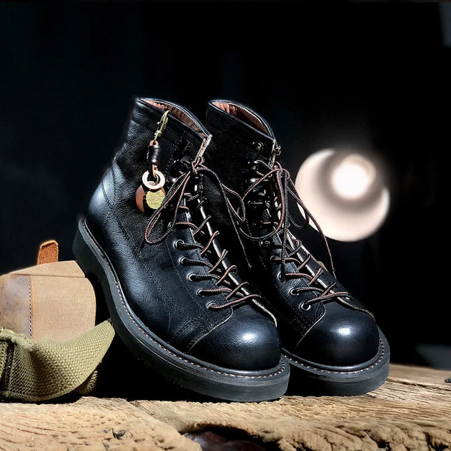 Men's High Top American Vintage Combat Boots, Genuine Leather Breathable Work Boots with Platform Sole for Casual & Rugged Style