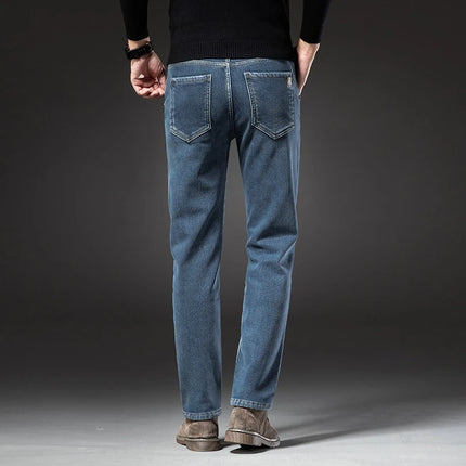 2025 Winter New Men's Fleece Thickened Jeans Retro Blue Hot Straight Casual Pants Stretch Premium Velvet Warm Denim Pants