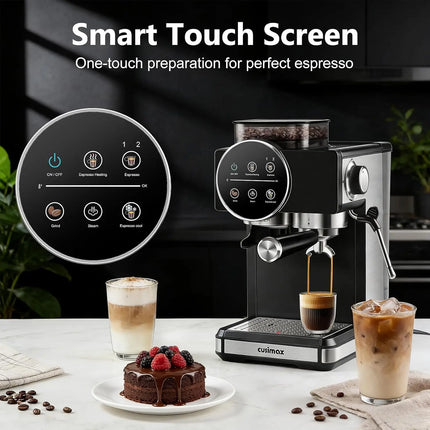 20 Bar Espresso Machine with Grinder, Milk Frother, 60oz Tank for Home