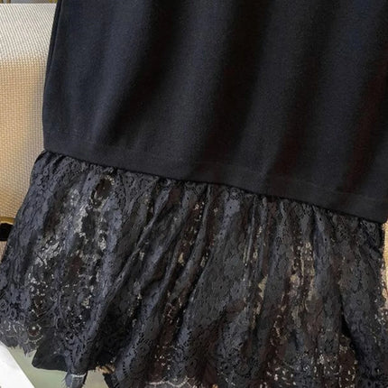 Oversize Black Lace Splicing Knitted Sweater Dress Women Autumn Winter French  Mid-length A-lin Dresses Loose Long Sleeve Dress