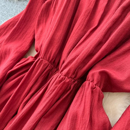 OCEANLOVE Woman Dresses Lantern Sleeve Square Neck Bandage Vestidos Para Mujer Solid Korean Fashion Retro Sweet Long Dress