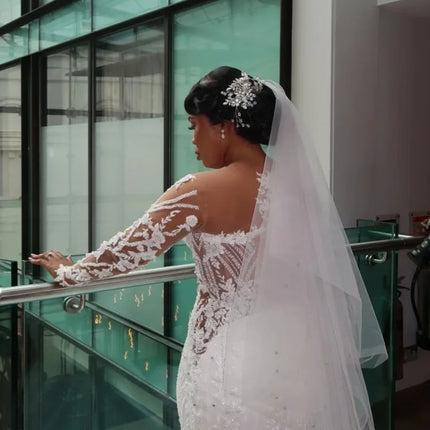 Luxury White Mermaid Wedding Dress Lace Decal Beads Sexy V-neck Bride Dress African Women Transparent Sleeves Banquet Dress