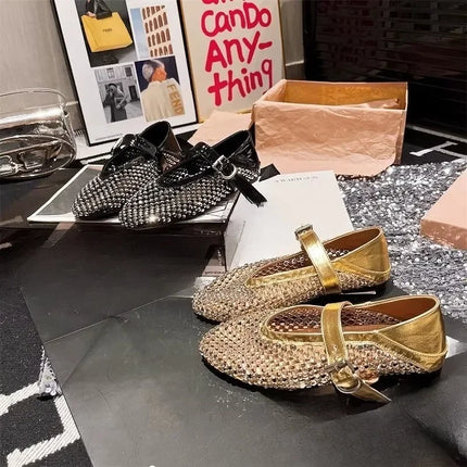 Round Toe Sandals for Women New Rhinestone Full Diamond Fishing Net Hollowed Out One Word Mary Zhen Baotou Flat Single Shoes