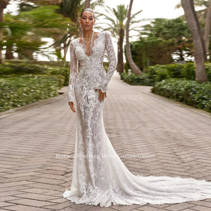 Mocaca Customized Beaded Lace Wedding Dress Elegant Illusion Mermaid Bridal Gown Long Sleeve Dresses For Bride Vestido De Novia