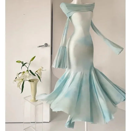 Women's Plus Size Off Shoulder Long Sleeve Mermaid Maxi Dress Fall French Elegant Bodycon Formal Gown