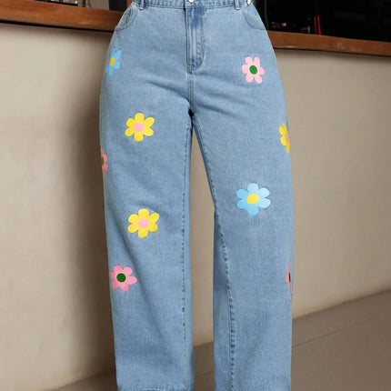 Plus Size Floral Print Wide Leg Jeans | High Waist Baggy Denim Pants