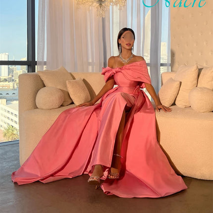 Customized Luxury Bow Boat Neck Evening Dress Simple Satin Mermaid Prom Dresses Modern Chapel Train Special Occasion Gowns