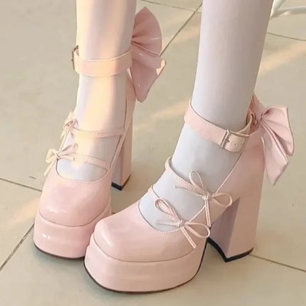 Thick Sole Women's Retro Fashion Mary Jane Shoes Elegant Waterproof Platform Big Bow Chunky Heels Lolita Single Shoes Tacones