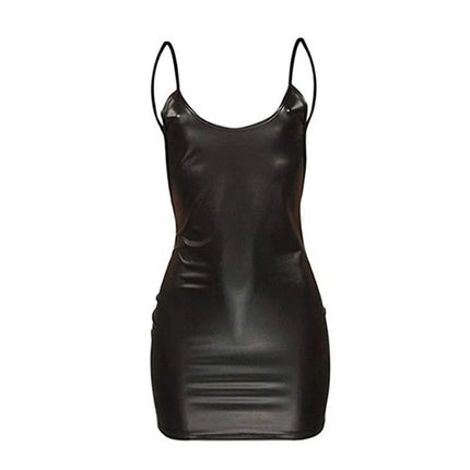Sexy PU Leather Dress Backless Club Party Short Dress Solid Black Bodycon Push Up Mini Dress Evening Outfit Fashion Women Dress