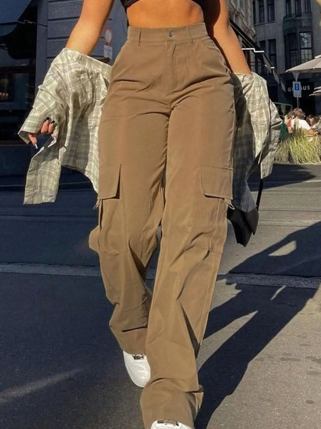 Women's Plain High Waist Cargo Pants, Street Fashion Casual Pocket Button Trousers for Daily Wear - product image 7