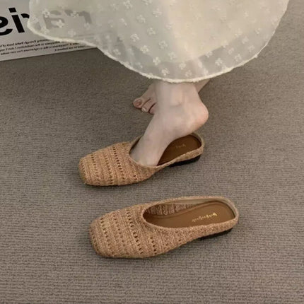Women Slippers 2026 New Women's French Style Vacation Woven Mules Niche Closed Toe Slides For Outdoor Bohemian Sandals