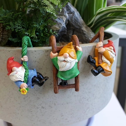 3Pc Flower Pot Dwarf Hanging Ornaments, Mini Dwarf Resin Statue, Garden Dwarf Micro Landscape Decorative Statue, Outdoor Miniature Statue Accessories,