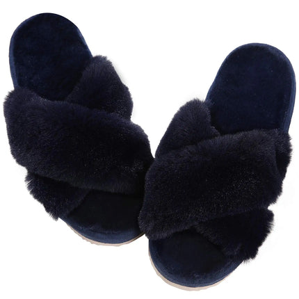 Comwarm Women's Cross Band Fuzzy Slippers Fluffy Open Toe House Slippers Cozy Plush Bedroom Shoes Indoor Outdoor Fur Sandals