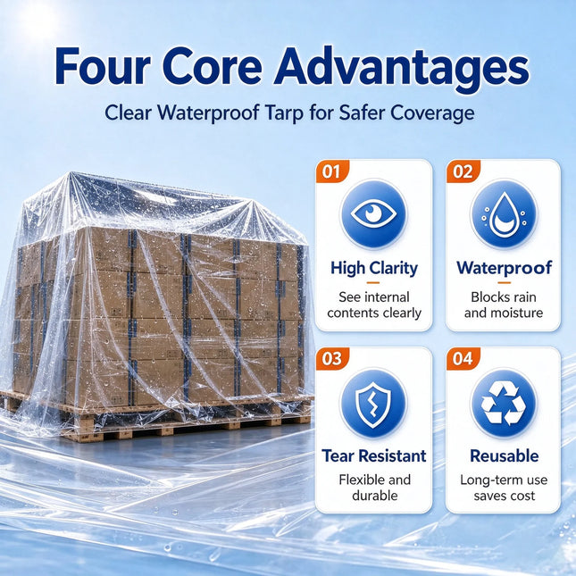 Four core advantages infographic with a wrapped pallet