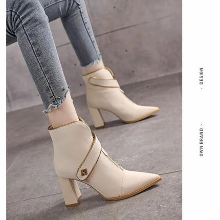 Pointed Toe Booties Women 2025 Fall Winter New Trendy Fashion Block Heel High Heel Boots Front Zipper Skinny Boots