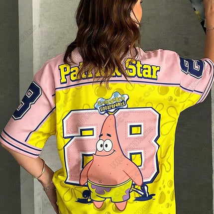Cartoon SpongeBob Print T-shirts For Women Summer V-Neck Patchwork Short Sleeve Sports Football Jersey Y2K Loose Oversized Tops