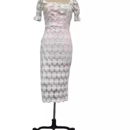 Women's Hollow Out Flower Lace Patchwork Slim Midi Dresses Temperament Solid Color Package Hip Dress Lady Commuting Vestidos