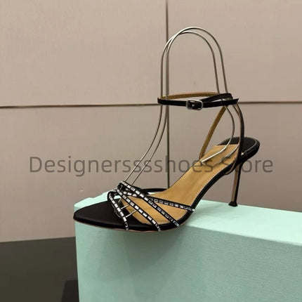 Round Toe Rhinestone High Heel Sandals 10.5CM Luxury Crystal Women Party Dress Sandals Sheepskin Lining Italian Genuine Leather