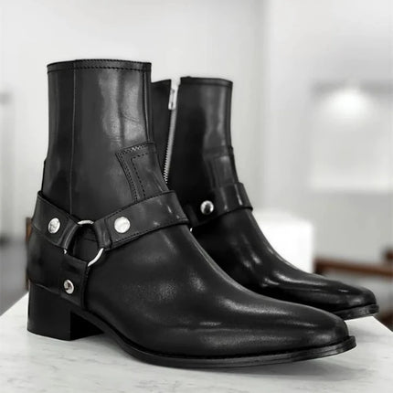 Black Buckle Genuine Leather Ankle Boots for Men Low-heeled Western Boots Safety Shoes Man for Work Handmade Winter Desert Boots