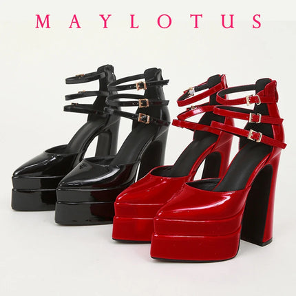 Size 35-42 Point Toe High Heels Platform Women's Shoes With Straps Sexy Pump Latest Buckle Casual Pumps Female Chunky Shoes