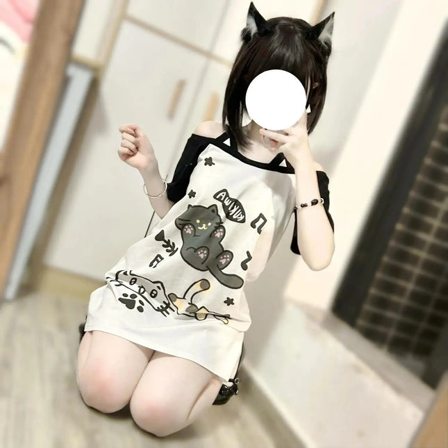 Japanisches Patchwork Damen Off Shoulder Grafik T-Shirts Kawaii Süße Cartoon Print T-Shirt Süße Katze Tops Y2k Ästhetik Grunge Tee