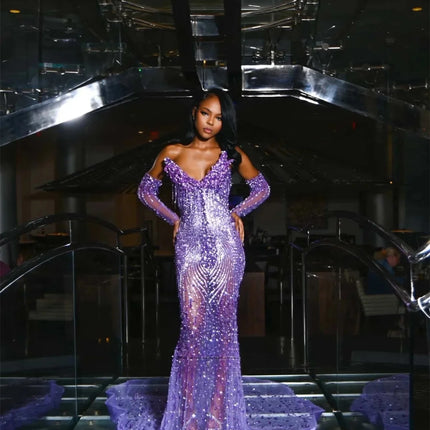 Purple Long Prom Dresses For Black Girls Mermaid Sweetheart Tulle Pearls Sparkly Prom Party Gowns Customized