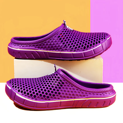 Purple perforated clogs shown in opposite side views