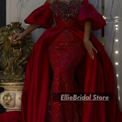 Gorgeous Red Evening Dresses With Detachable Train Crystal Sequin Mermaid Wedding Party Dress Dubai Prom Gowns Customized